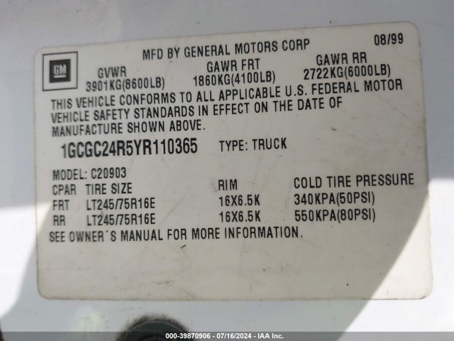Продажа на аукционе авто 2000 Chevrolet C2500, vin: 1GCGC24R5YR110365, номер лота: 39870906