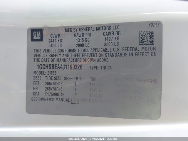 Chevrolet Colorado Wt 2018 1GCHSBEA4J1190326 Image 9