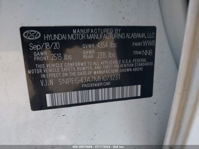 2021 HYUNDAI SONATA 5NPEG4JA7MH073231 Photo 8