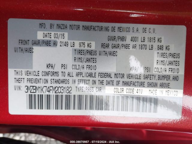 3MZBM1K74FM203182 Mazda Mazda3 I Sport