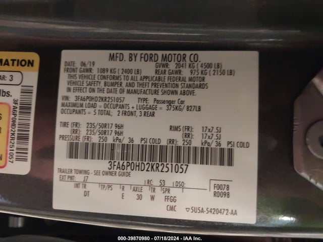 Ford FUSION SE 2019 3FA6P0HD2KR251057 Image 9