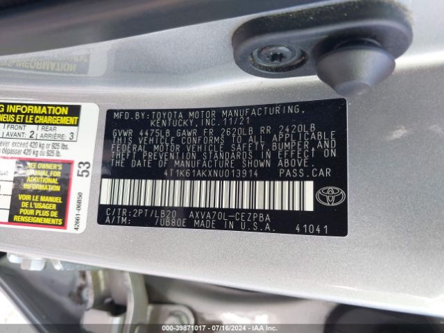 4T1K61AKXNU013914 Toyota CAMRY XSE