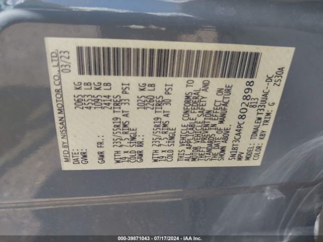 5N1BT3CA4PC802898 Nissan Rogue Sl Fwd