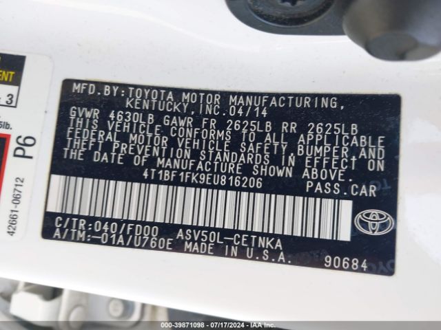 4T1BF1FK9EU816206 Toyota CAMRY LE