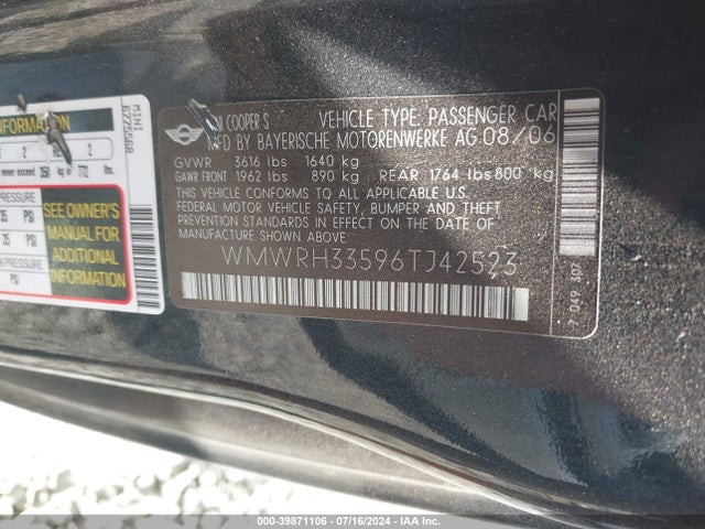 2006 MINI COOPER S WMWRH33596TJ42523 Photo 8