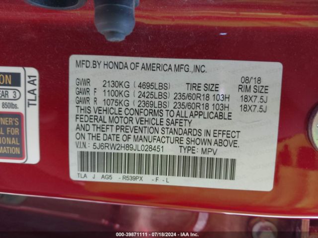 5J6RW2H89JL028451 Honda Cr-v Ex-l/ex-l Navi