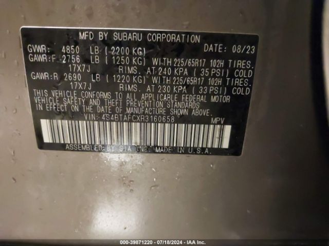 4S4BTAFCXR3160658 Subaru Outback Premium