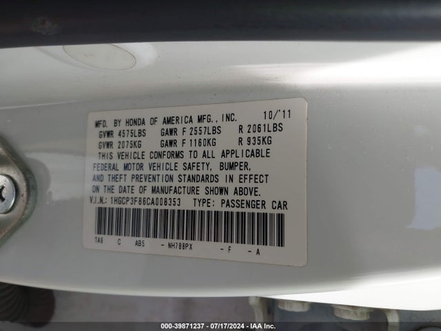Aukcja sprzedaży 2012 Honda Accord 3.5 Ex-l, vin: 1HGCP3F86CA008353, numer aukcji: 39871237