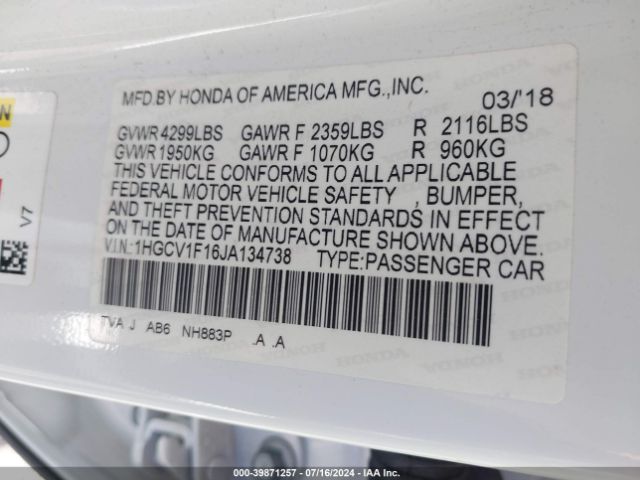 1HGCV1F16JA134738 Honda ACCORD LX