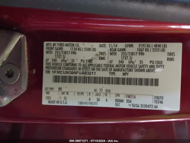 Ford ESCAPE SE 2015 1FMCU9G99FUA83211 Image 9