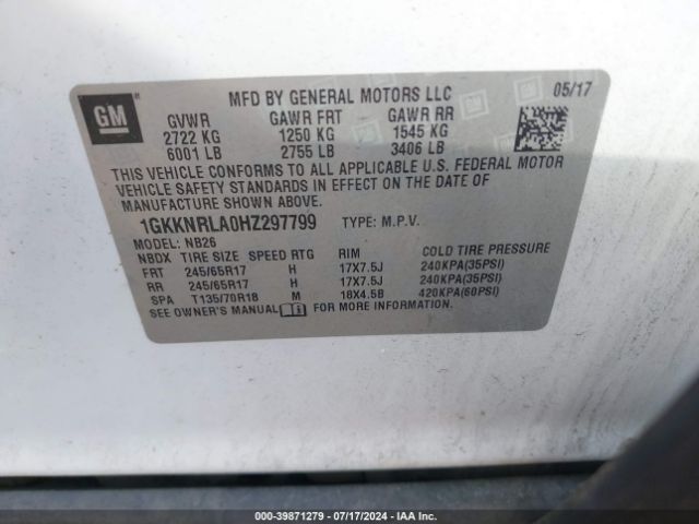 1GKKNRLA0HZ297799 GMC Acadia Sle-1
