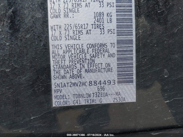 Nissan ROGUE SV 2017 5N1AT2MV2HC884493 Image 9