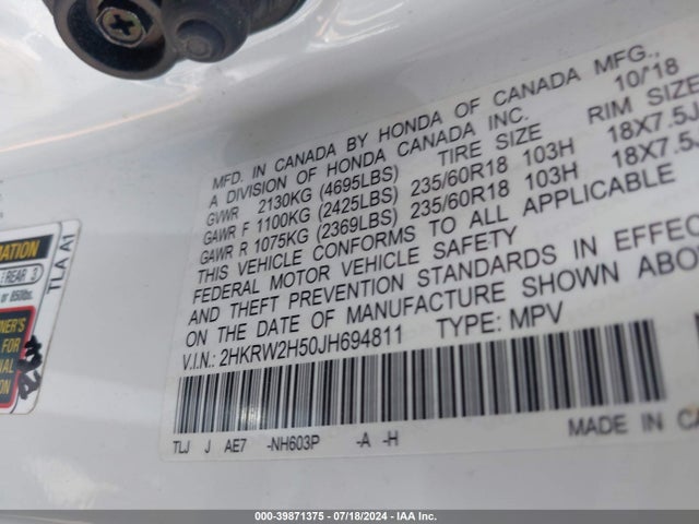 Honda CR-V EX 2018 2HKRW2H50JH694811 Image 9