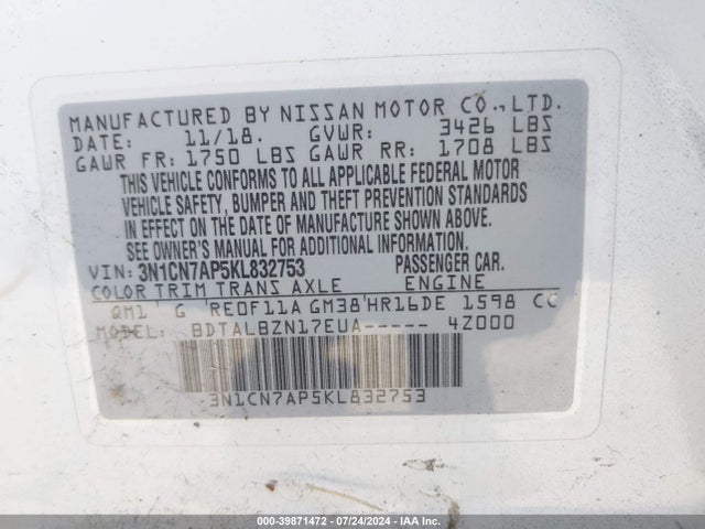 Nissan Versa 1.6 Sv 2019 3N1CN7AP5KL832753 Image 9