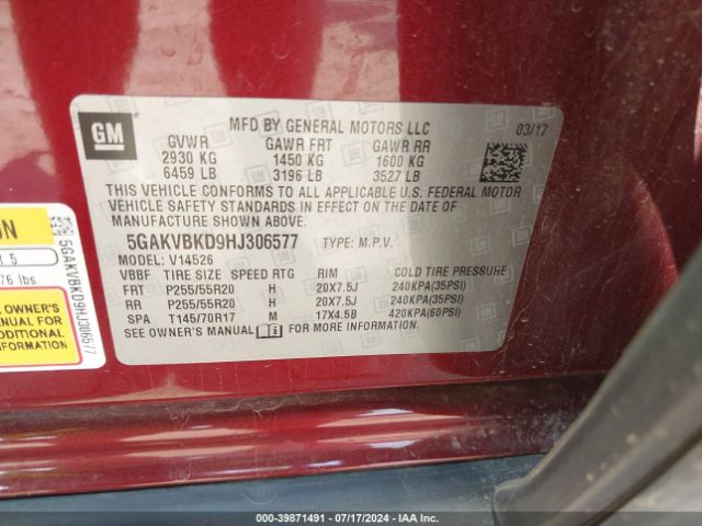 5GAKVBKD9HJ306577 Buick Enclave Leather