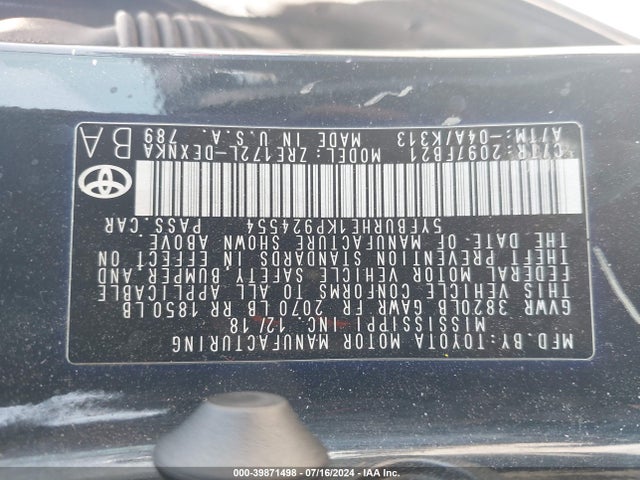 Toyota COROLLA LE 2019 5YFBURHE1KP924554 Image 9