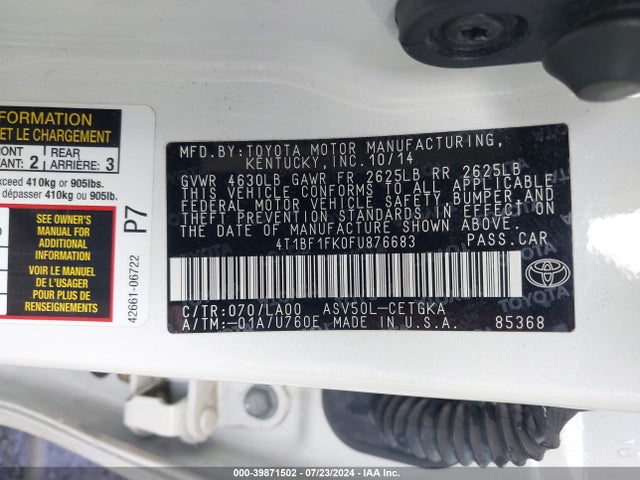 Toyota CAMRY XLE 2015 4T1BF1FK0FU876683 Image 9