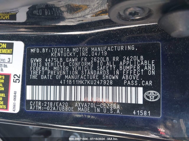 Toyota CAMRY SE 2019 4T1B11HK7KU247928 Image 9