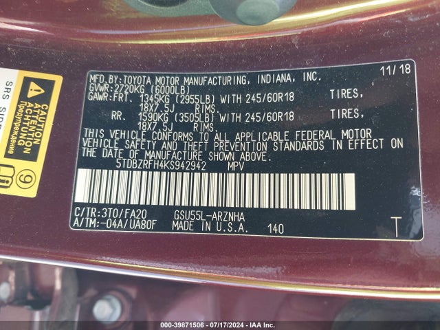 Toyota Highlander Le Plus 2019 5TDBZRFH4KS942942 Image 9