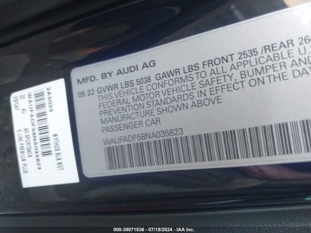WAUFADF58NA035823 Audi A5 Sportback Premium Plus 45 Tfsi S Line Quattro S Tronic