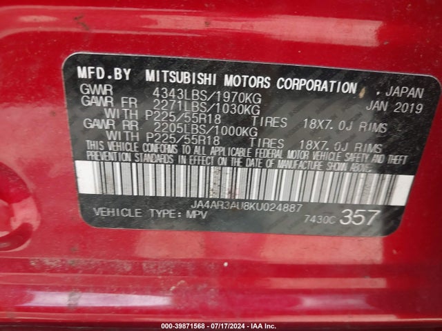 JA4AR3AU8KU024887 Mitsubishi Outlander Sport 2.0 Le