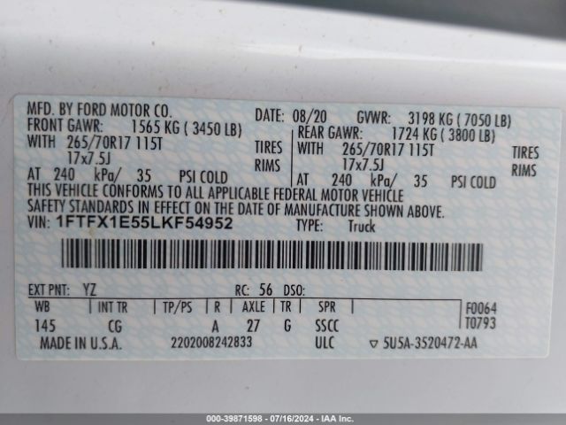 1FTFX1E55LKF54952 Ford F-150 Xl