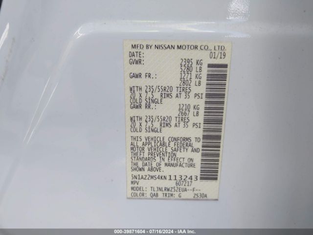 5N1AZ2MS4KN113243 Nissan MURANO SL