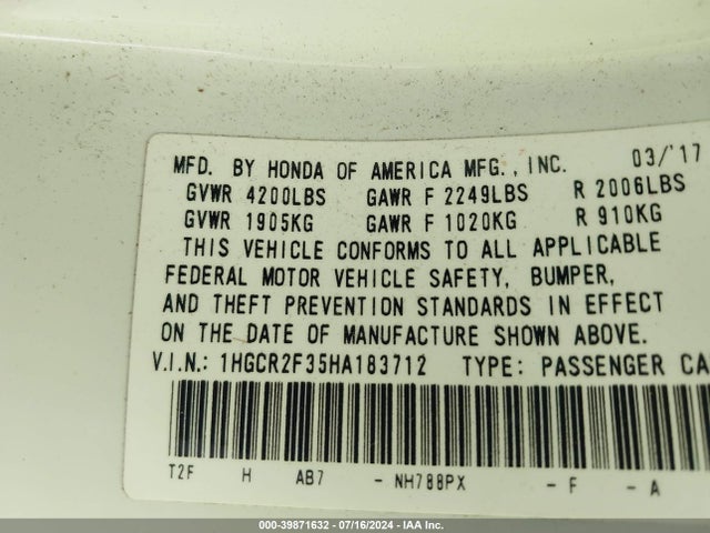 Honda ACCORD LX 2017 1HGCR2F35HA183712 Image 9