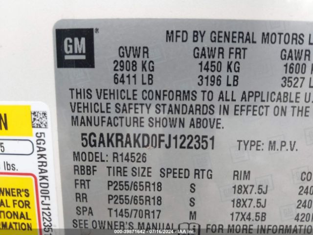 5GAKRAKD0FJ122351 Buick Enclave Convenience