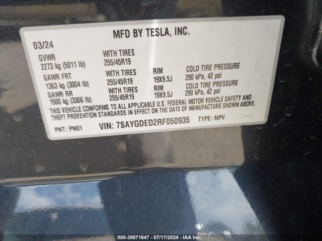 Tesla Model Y Long Range/rwd 2024 7SAYGDED2RF050935 Image 9