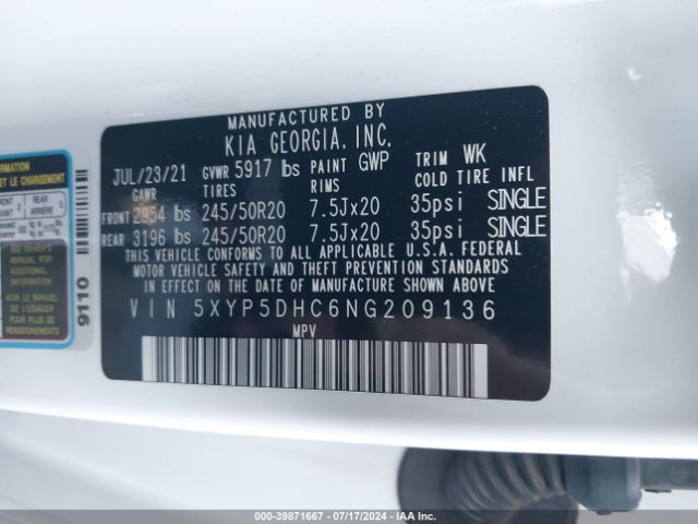 5XYP5DHC6NG209136 KIA Telluride Sx