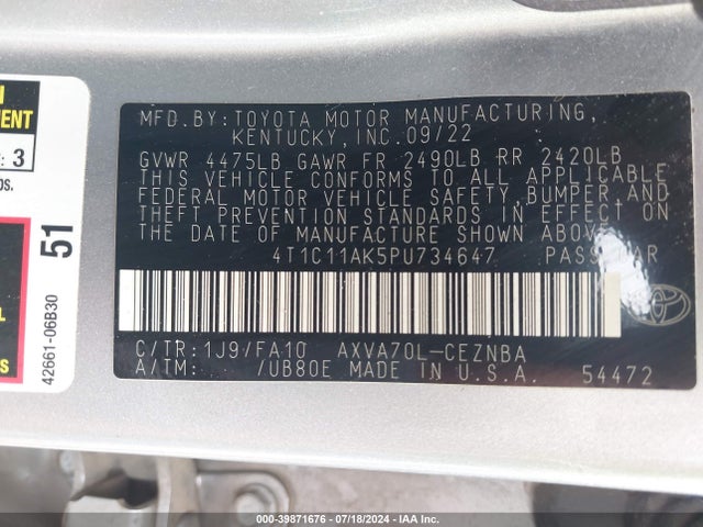 Toyota CAMRY LE 2023 4T1C11AK5PU734647 Image 9