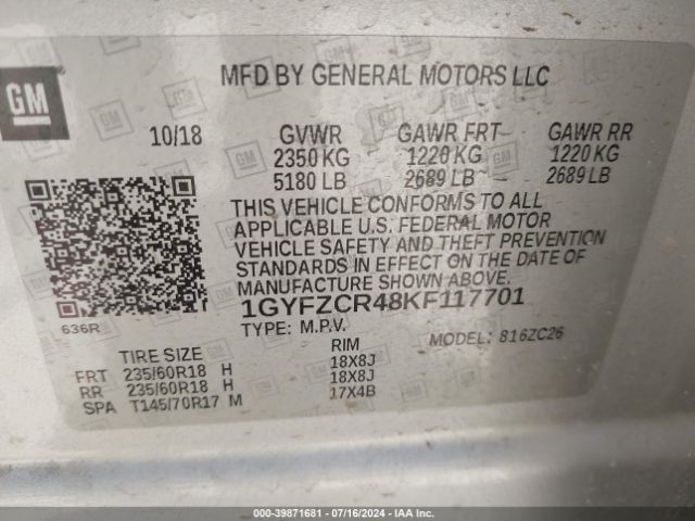 1GYFZCR48KF117701 Cadillac Xt4 Premium Luxury