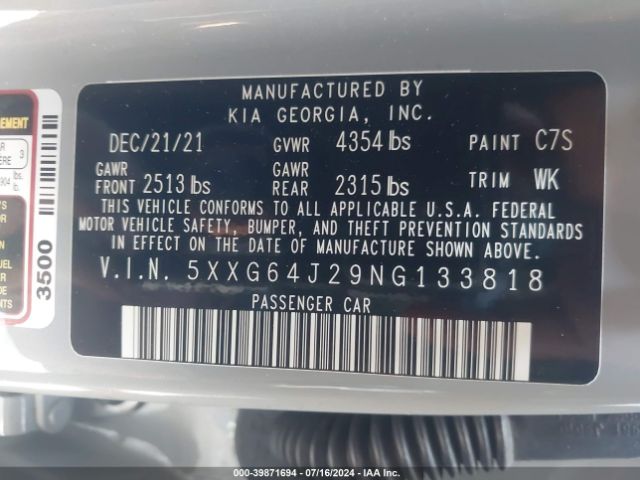 5XXG64J29NG133818 KIA K5 Gt-line