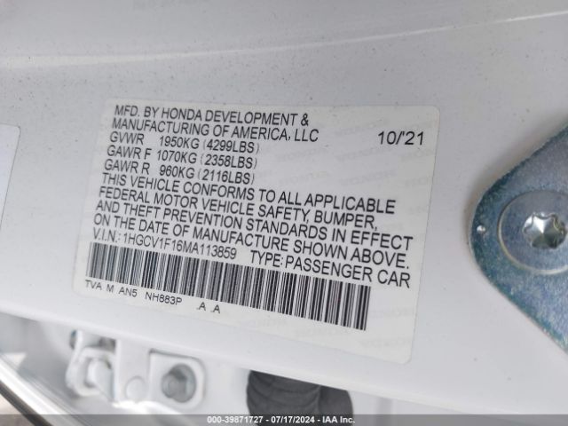 1HGCV1F16MA113859 Honda ACCORD LX