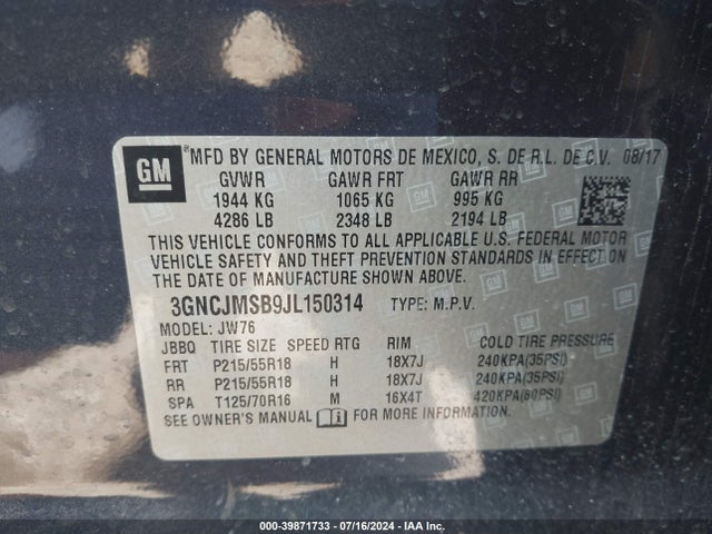 Chevrolet Trax Premier 2018 3GNCJMSB9JL150314 Image 9