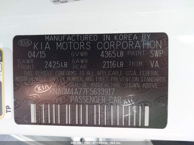 KIA Optima Lx 2015 KNAGM4A77F5633917 Image 9