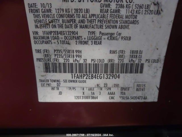 Ford TAURUS SEL 2014 1FAHP2E84EG132904 Image 9