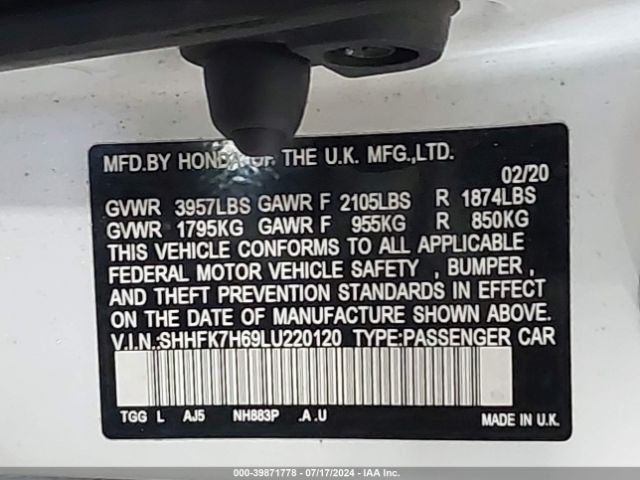 SHHFK7H69LU220120 Honda CIVIC EX
