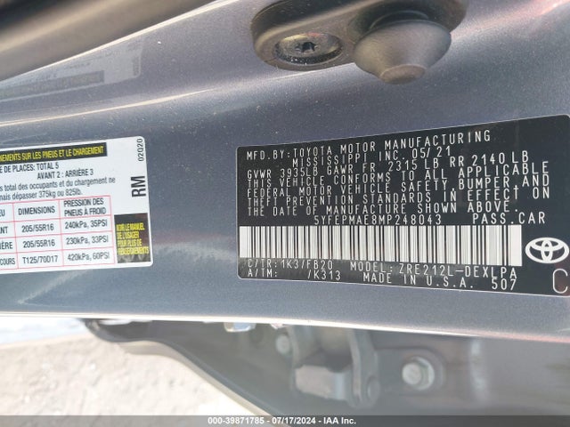 Toyota COROLLA LE 2021 5YFEPMAE8MP248043 Image 9