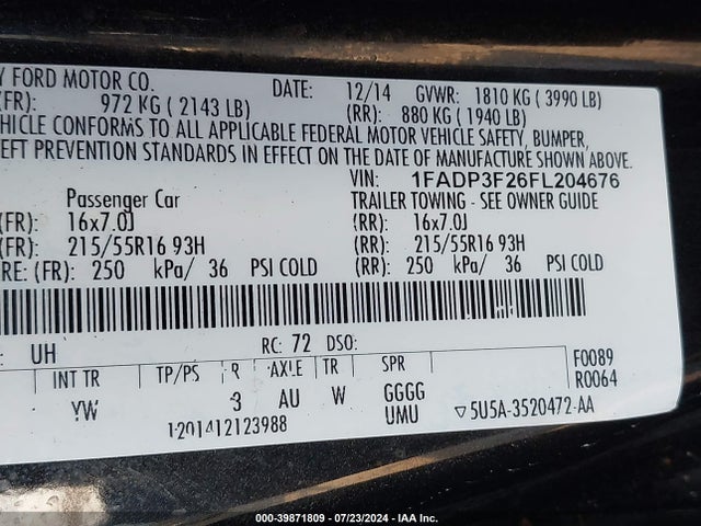 Ford FOCUS SE 2015 1FADP3F26FL204676 Image 9