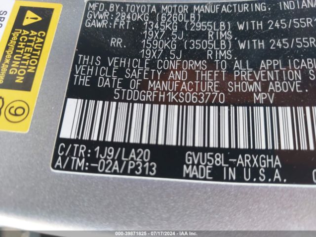 5TDDGRFH1KS063770 Toyota Highlander Hybrid Limited Platinum