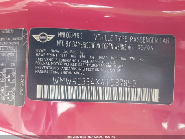 2004 MINI COOPER S WMWRE334X4TD87850 Photo 8