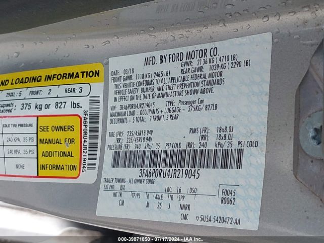 3FA6P0RU4JR219045 Ford Fusion Hybrid Titanium
