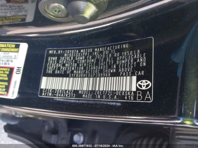 5YFBURHEXGP399968 Toyota Corolla S Premium