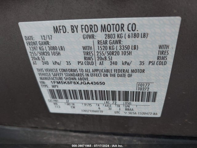 Ford Explorer Limited 2018 1FM5K8F8XJGA43650 Image 9