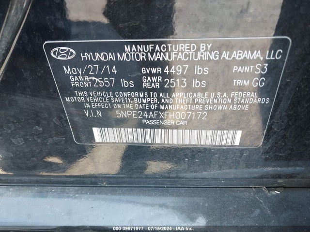 Hyundai SONATA SE 2015 5NPE24AFXFH007172 Image 9