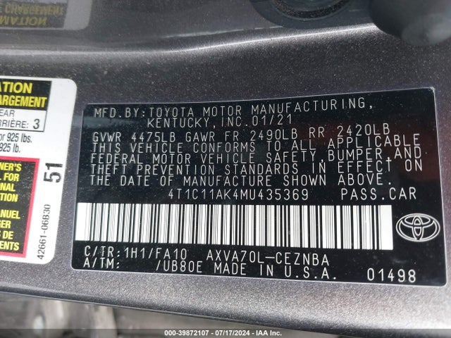 Toyota CAMRY LE 2021 4T1C11AK4MU435369 Image 9