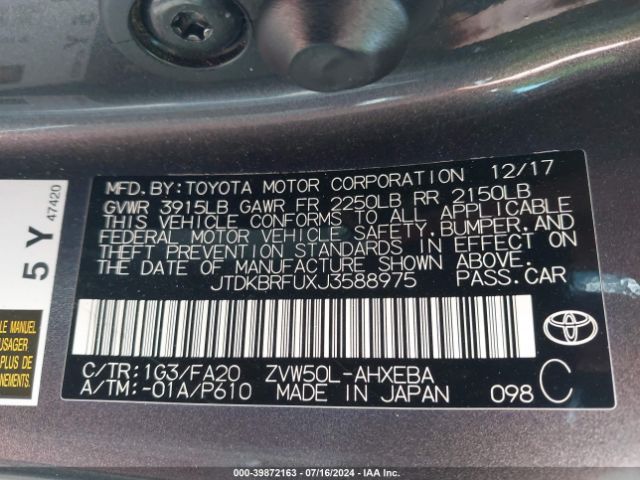 JTDKBRFUXJ3588975 Toyota Prius