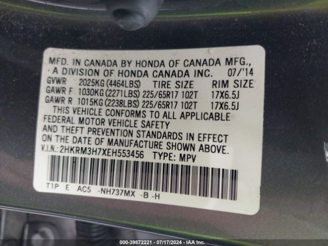 2HKRM3H7XEH553456 Honda Cr-v Ex-l